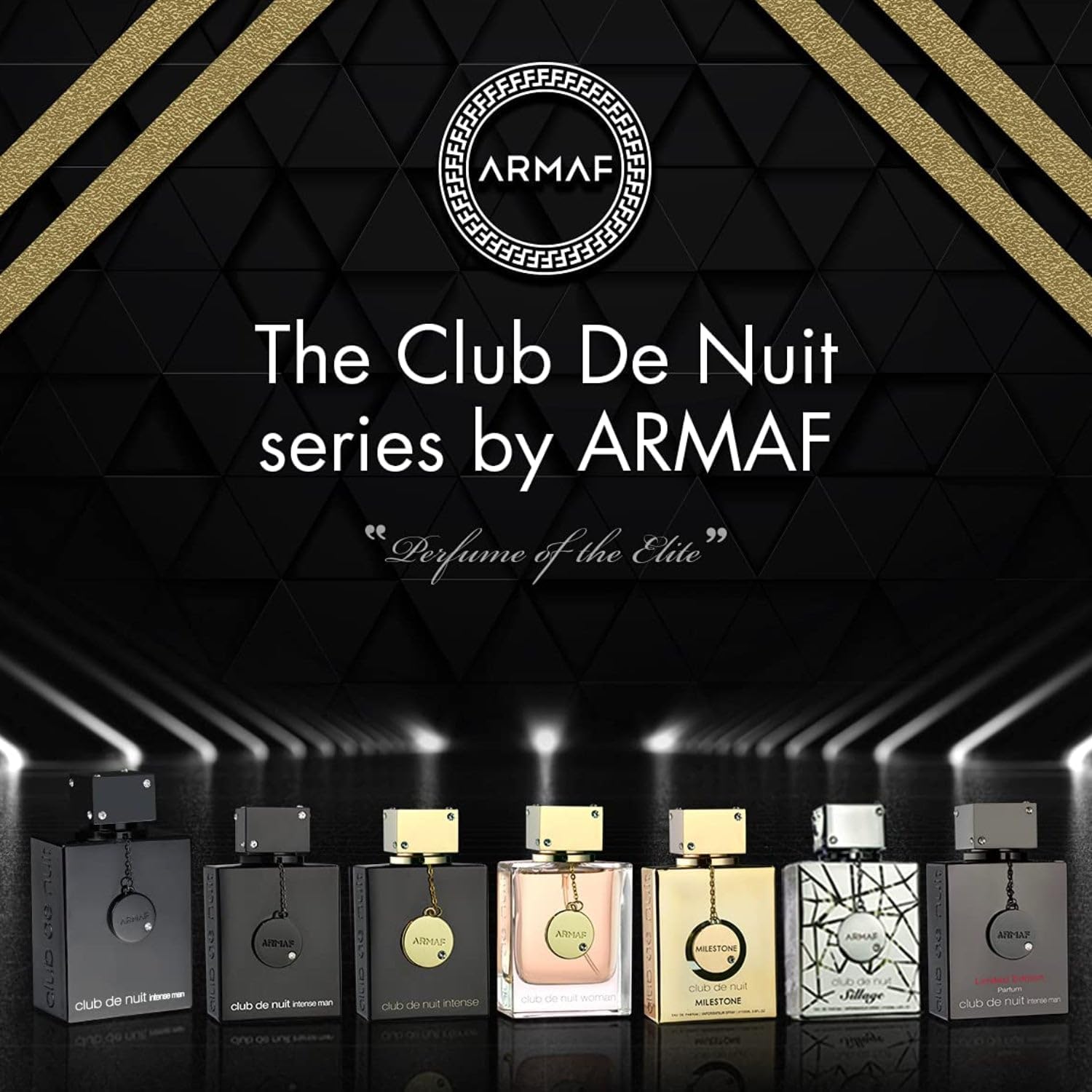 ARMAF The Club De Nuit series of perfume bottles on a dark background with brand logo.