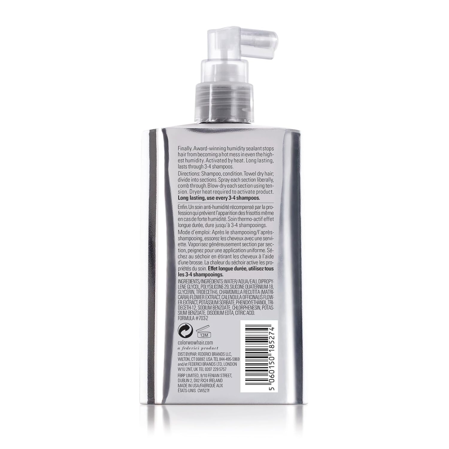 Back label of a hair care product with text and branding on a white background