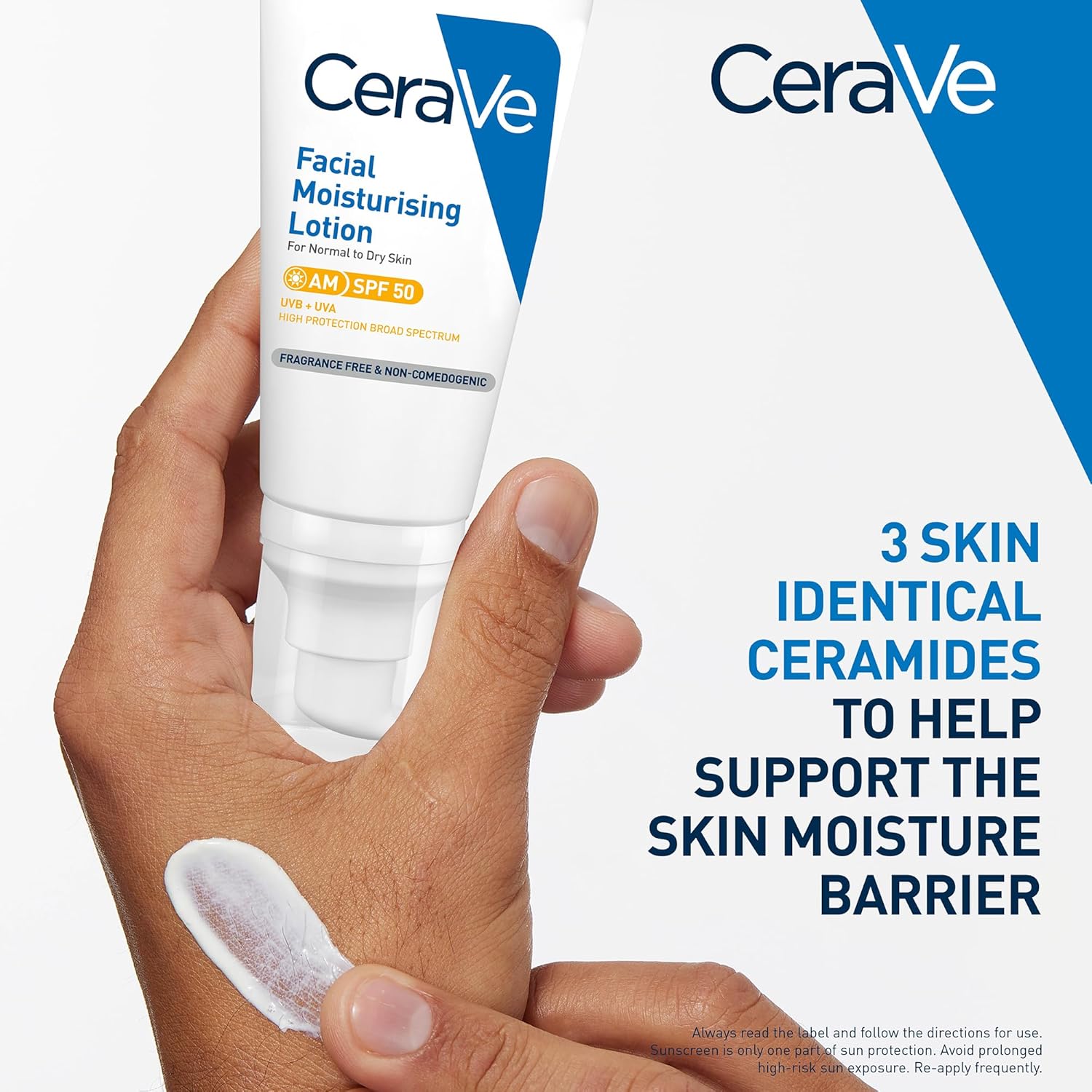 CeraVe facial moisturizing lotion being applied to a hand with text highlighting ceramides.