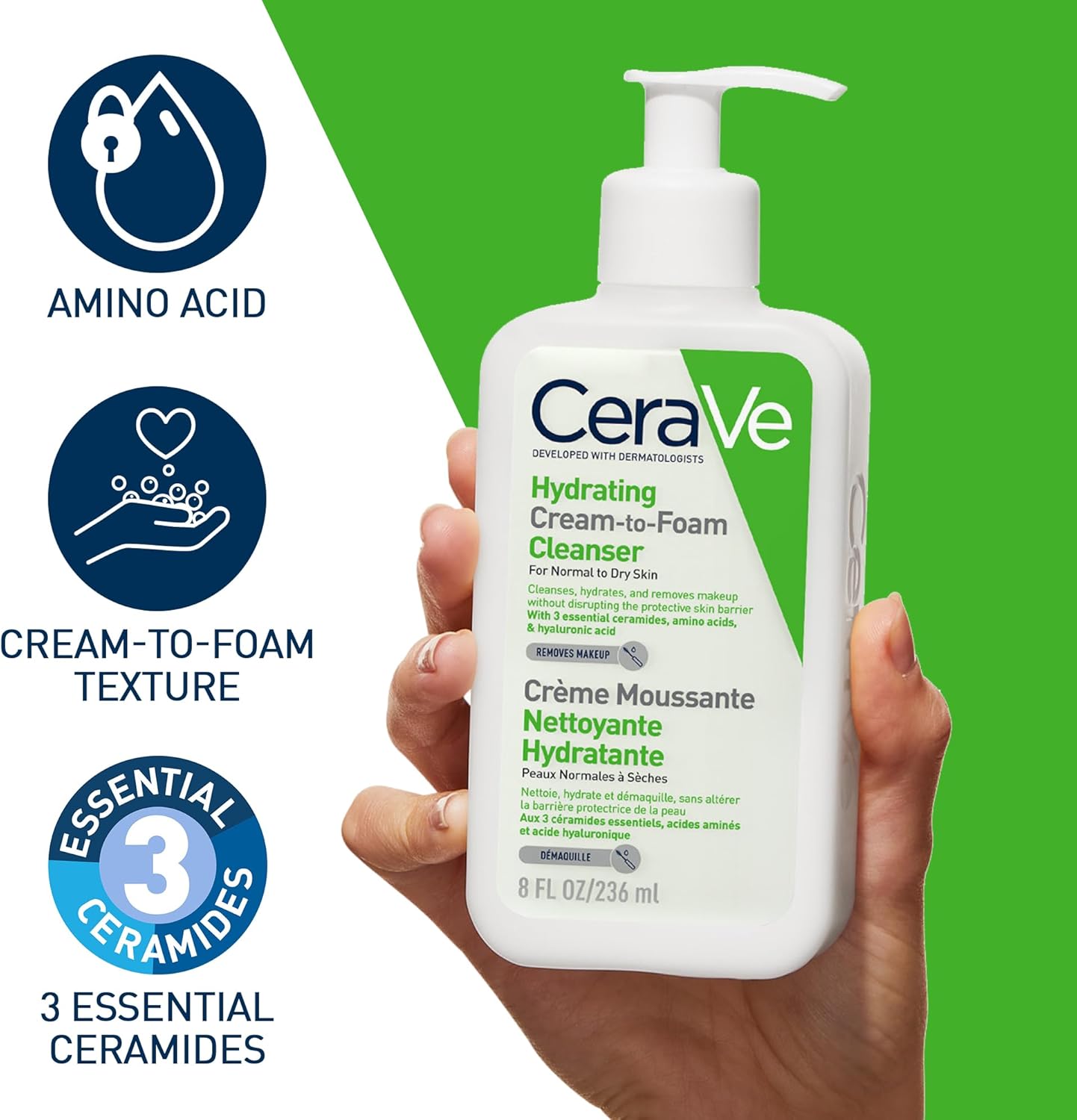 CeraVe hydrating cream-to-foam cleanser held in a hand with product features highlighted.