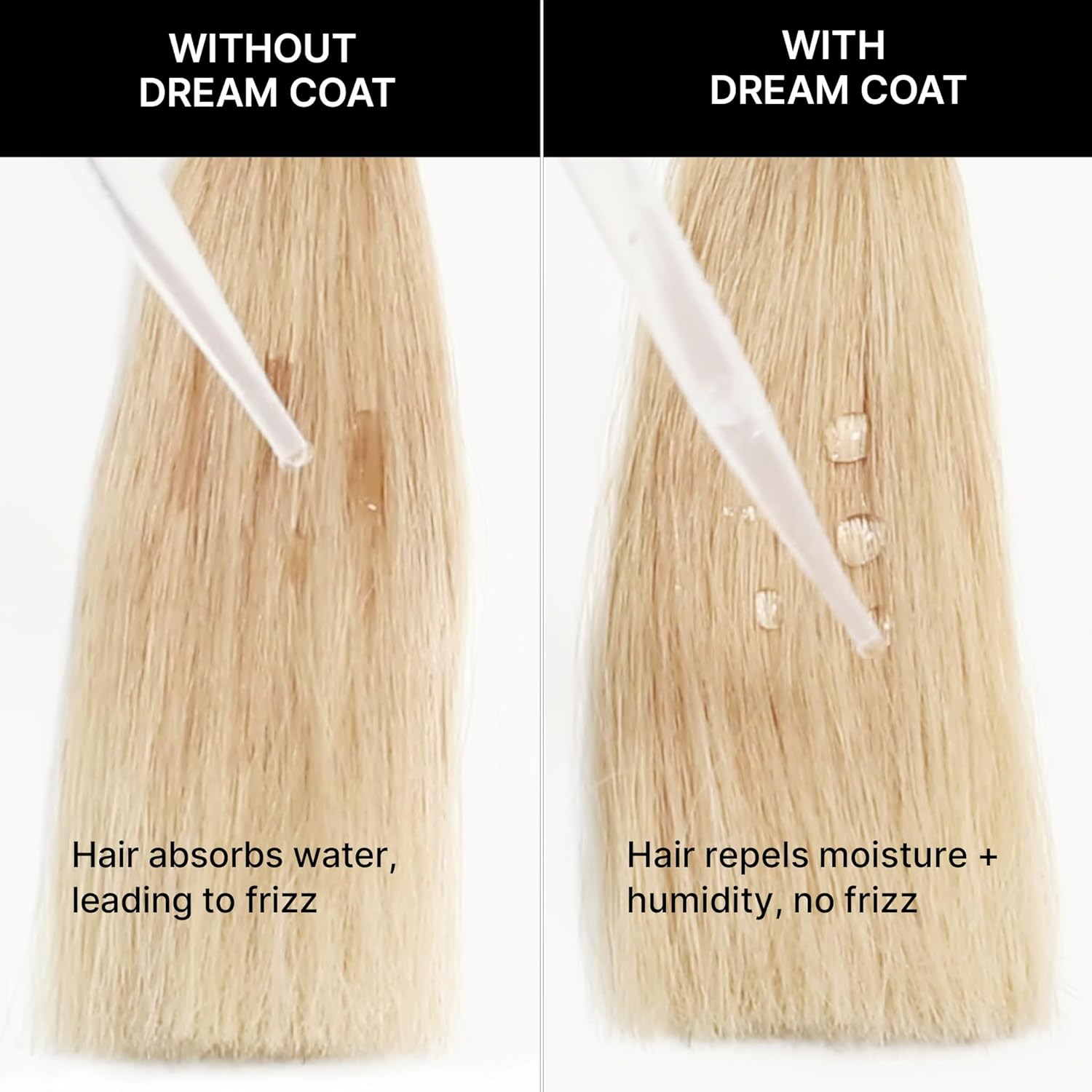 Comparison of hair with and without a 'Dream Coat' product, showing water absorption and moisture repelling effects.