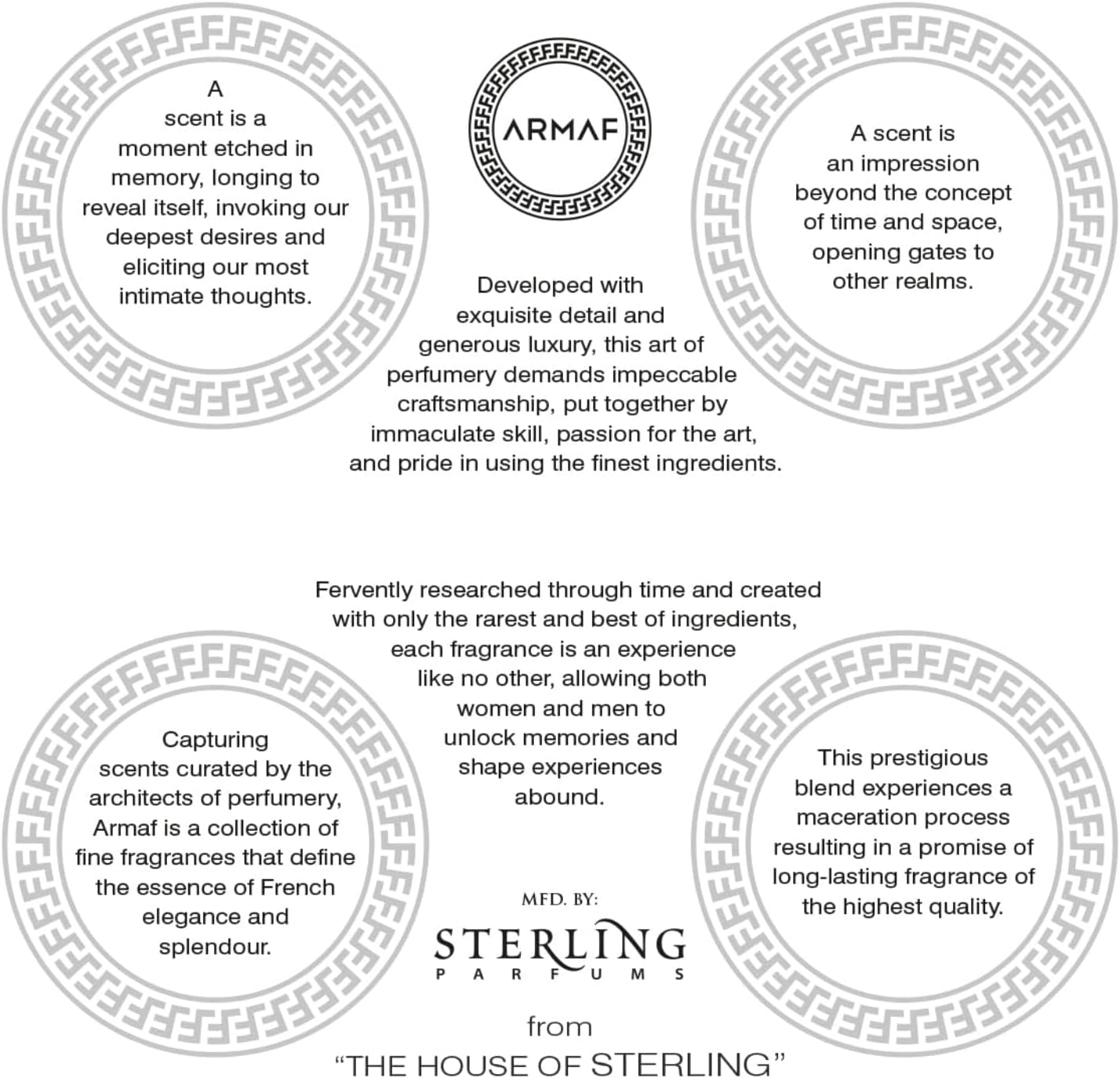 Promotional text for Armaf Sterling Parfums with decorative elements and branding.