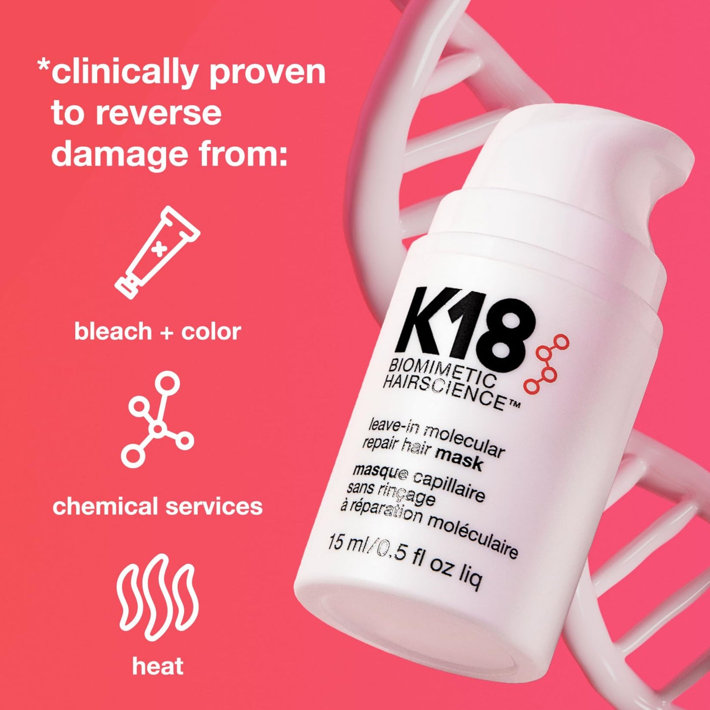 K18 Leave-In Molecular Hair Mask, Repairs Dry or Damaged Hair, Reverse Hair Damage from Bleach, Color, Chemical Services & Heat
