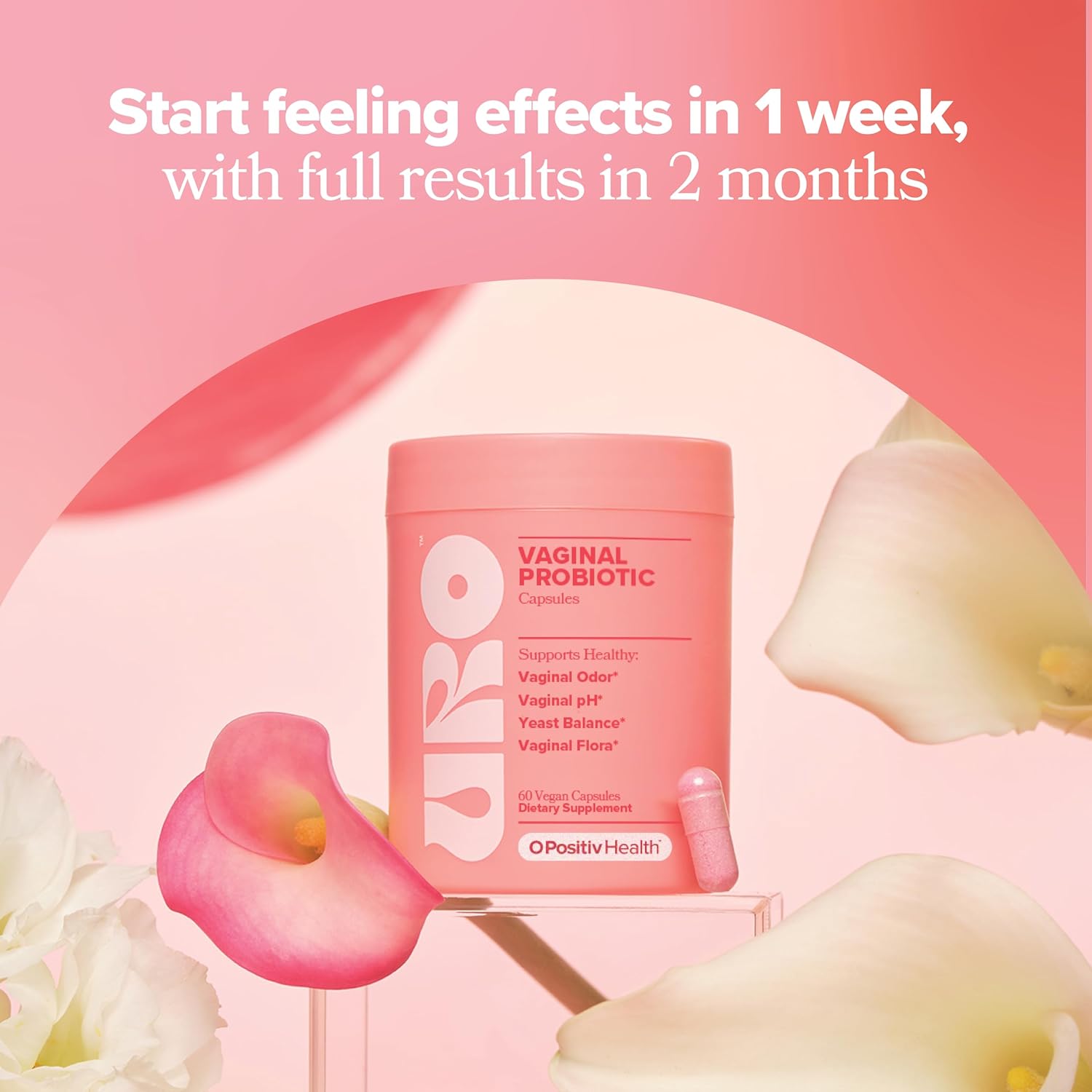 Pink container labeled 'Vaginal Probiotic' with flowers on a pink background