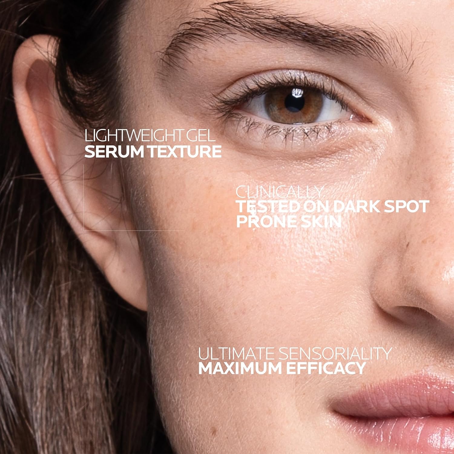 Close-up of a woman's face with text about a skincare product